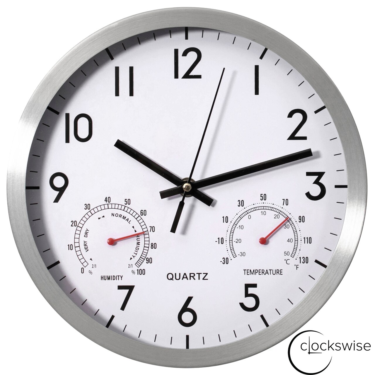 Clockswise Non-Ticking Quartz Wall Clock with Thermometer & Hygrometer - Battery Operated Aluminum Analog Clock for Temperature & Humidity Monitoring - Ideal for Home, Office or School, Silver